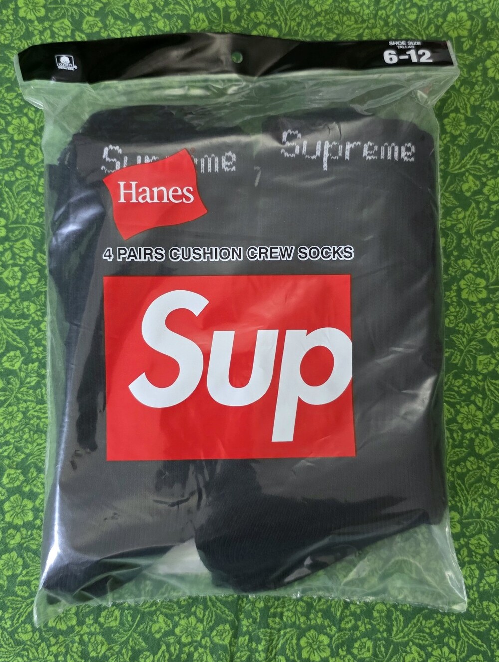 Hanes Black Crew Socks with Red Supreme Logo - 4 Pairs